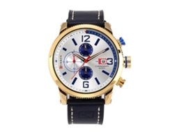 Relógio de pulso masculino com movimento de quartzo e pulseira de couro, resistente à água, dourado.