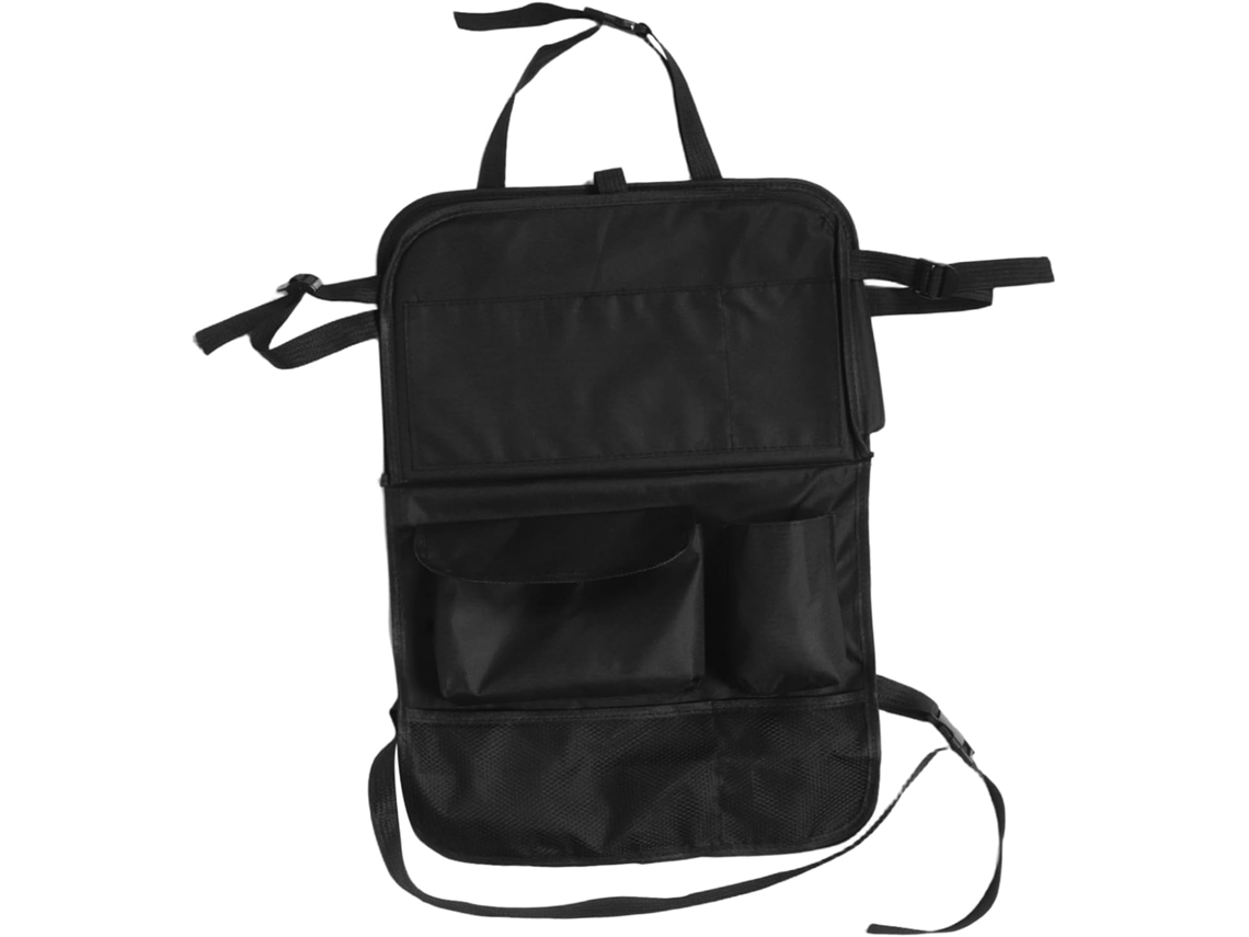 Organizador Encosto para banco de carro, com diversas bolsas para armazenamento.