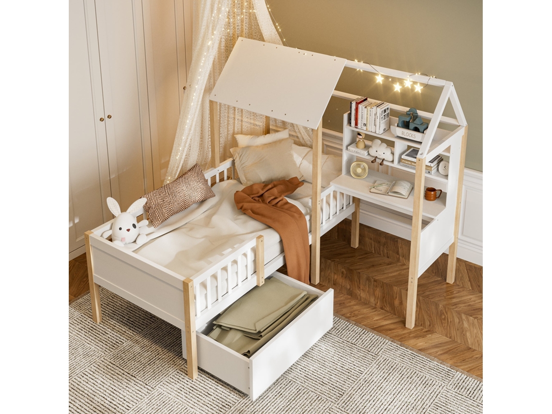 Cama Cabana Infantil 90x200cm madeira com escrivaninha, gavetas, guarda corpo, estrado incluso, sem colchão, branco KOMHTOM