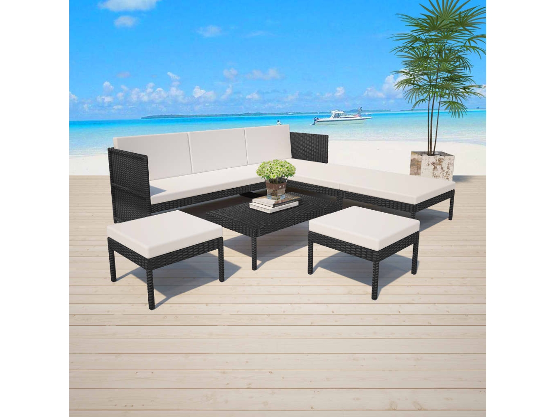 Vidaxl 6 Pcs Conjunto Lounge De Jardim C/ Almofadões Vime Pe Preto