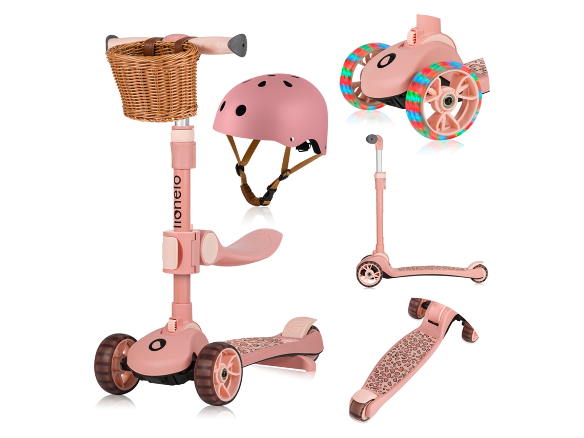 Trotinete para Crianças 2em1 LIONELO Franky Ajustável Antiderrapante Leve Dobrável com o Cesto e o Capacete 1+ Rosa