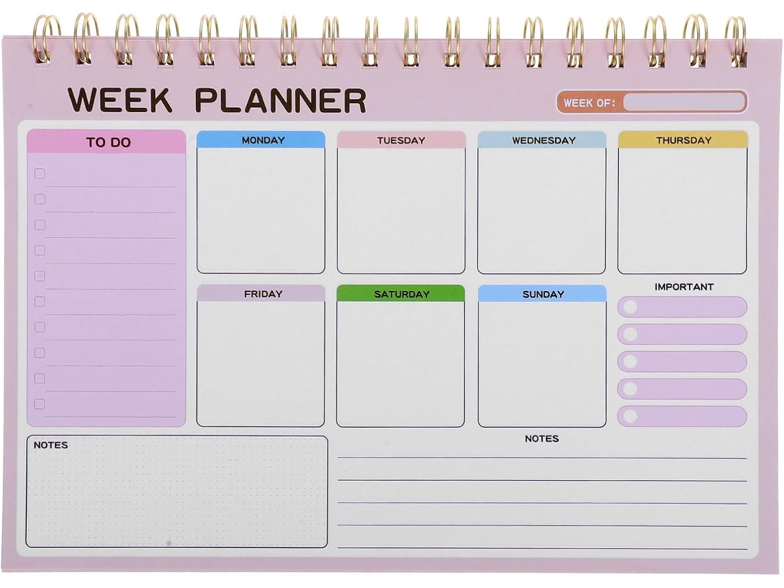 Agenda semanal rosa com encadernação em espiral, agenda de papel para escritório e escola (categorizada)