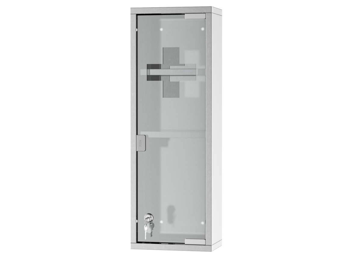 Armário De Remédios Com 3 Níveis, Porta Envidraçada Com Cruz, 20×12×58 Cm, Aço Inoxidável.