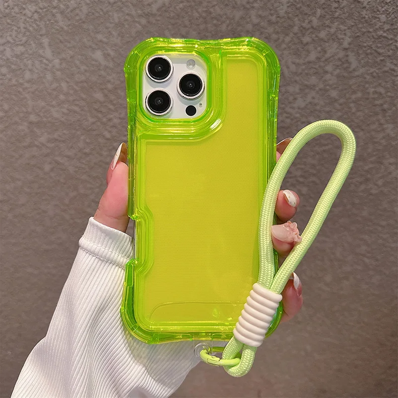 (verde Fluorescente, Iphone 16 Pro Max) Quatro Cantos Airbag Anti-queda Caso Protetor Transparente Com Corda De Mão À Prova De Choque