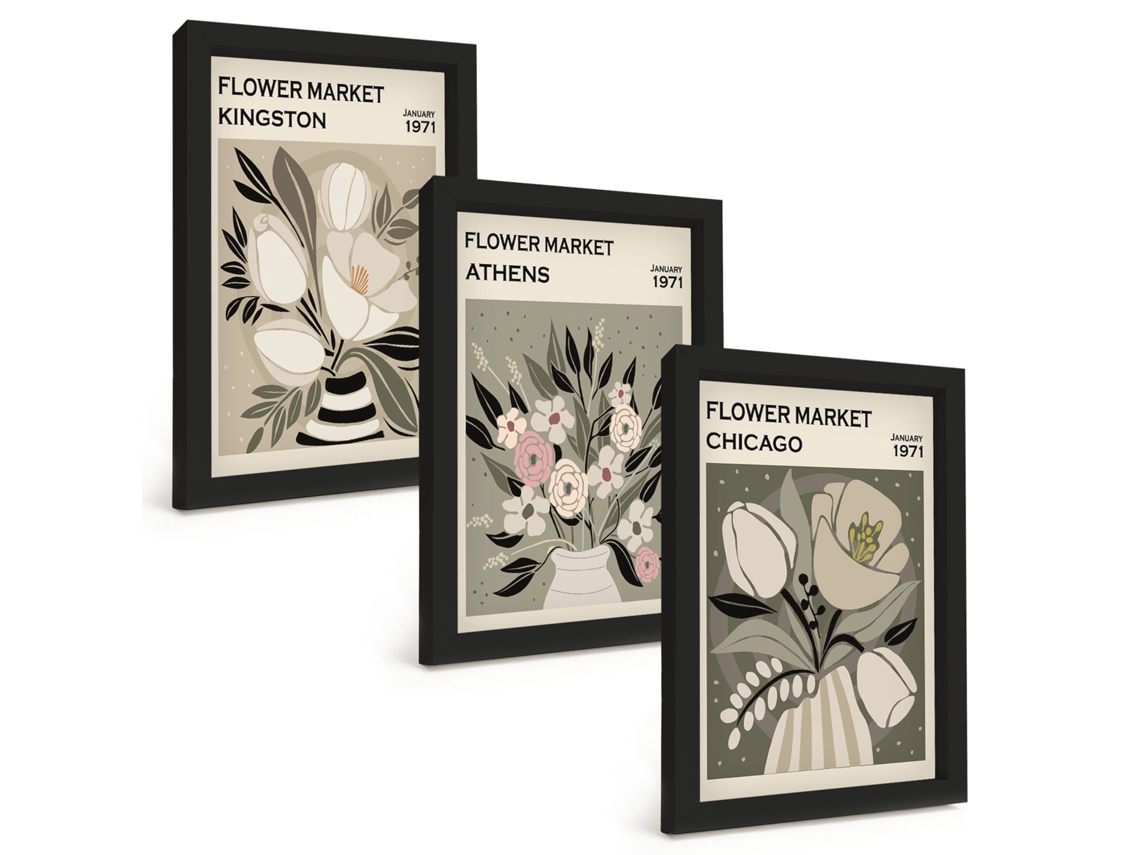 Pinturas Murais Modernascomposições Florais Retrô Moldura Preta Fotos Para O Corredor Espelharte (3 Peças 20x30 Cm)