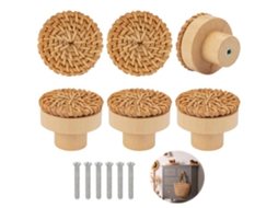 Botões Redondos Madeira Trançada Natural 6 Peças 4x3cm para Roupeiros, Gavetas, Armários