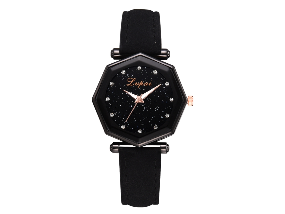 Relógio de Pulso Feminino de Quartzo com Pulseira de Couro Pu Estilo Geométrico (preto)