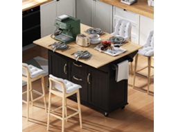Ilha Cozinha Preta Móvel Com Rodas, Mesa Extensível, Gavetas, Suporte Toalhas E Régua De Energia. Cs