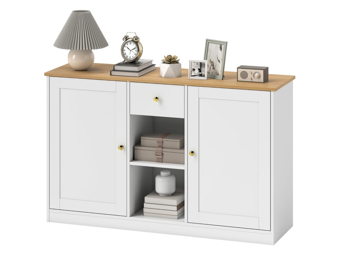 Aparador Com Gaveta, 2 Portas, 2 Prateleiras Abertas, Armário Lateral Para Cozinha, Sala De Estar, 120 X 35 X 75,2 Cm Branco Hvorstur