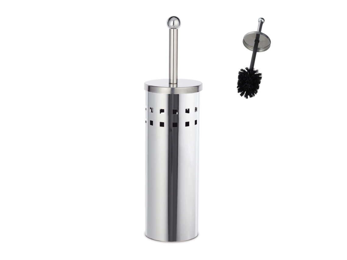 Conjunto De Acessórios De Wc Redondo Relaxdays, Suporte Para Escova De Wc, Escova Substituível, Em Inox, Prateado/preto