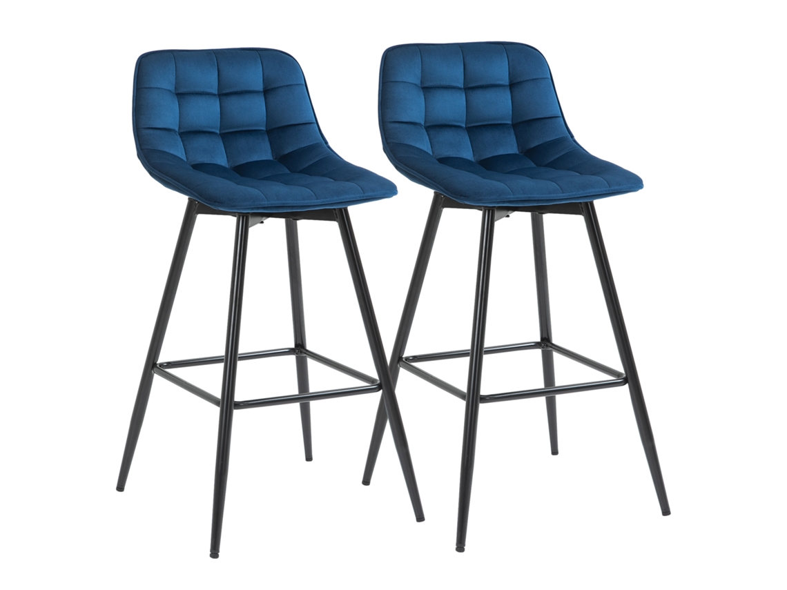 Conjunto de 2 Banquetas Altas Estilo Nórdico, Encosto, Apoio para os Pés, Tecido Aveludado, Metal, Azul | S/MARCA