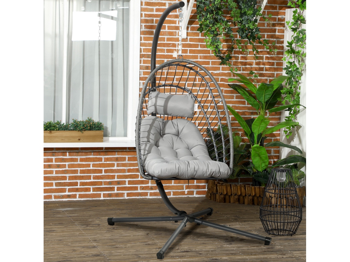 Poltrona Suspensa Rattan Pe Com Assento Rebatível, Almofada E Estrutura De Aço Resistente, Cinza