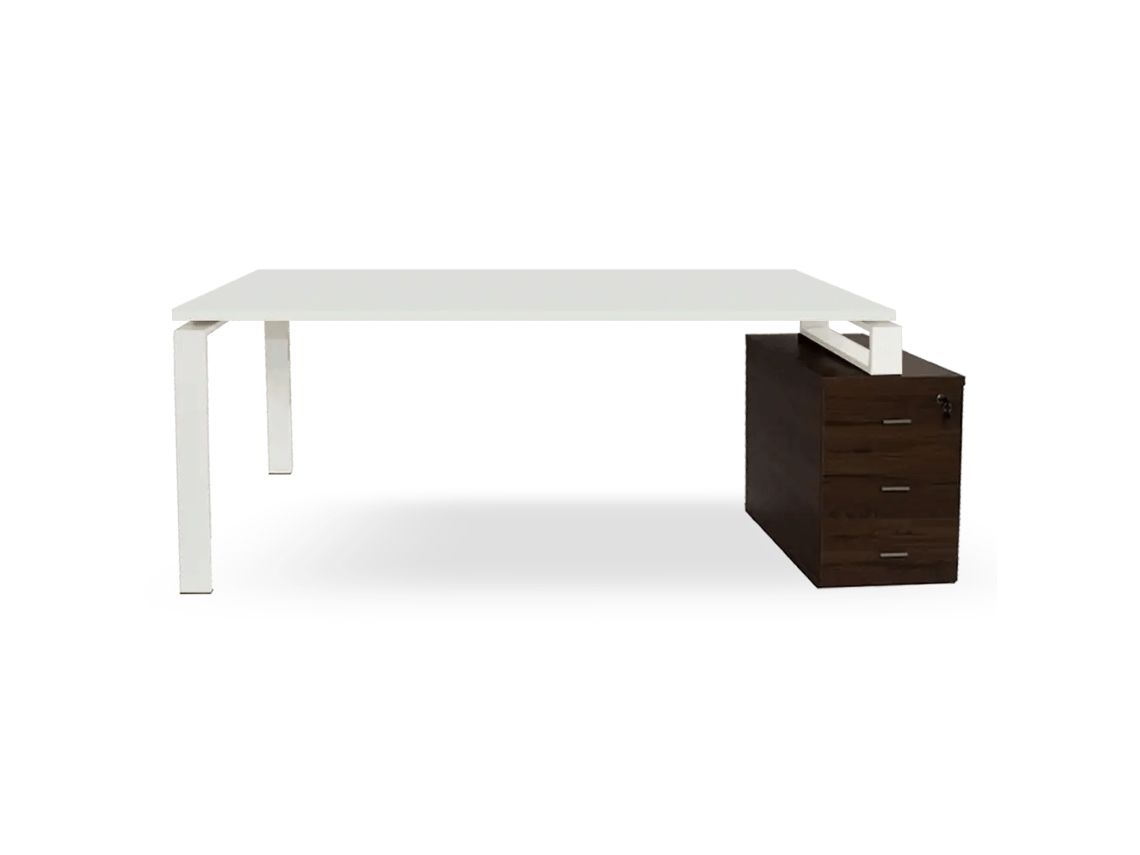 Escrivaninha Com Gavetas Em Nogueira. Estrutura De Metal Branco. 75 X 175,5 X 80 Cm. Tampo Branco. Ofilike