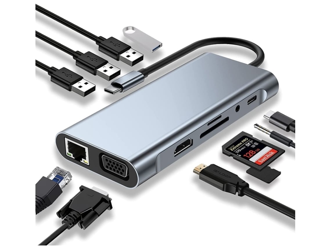 Usb C Hub Docking Station Adaptador Usb C 11 Em 1 Com 4k-hdmi Vga Porta Usb 3.0 Tipo C Pd Rj45 Ethernet Sliver*