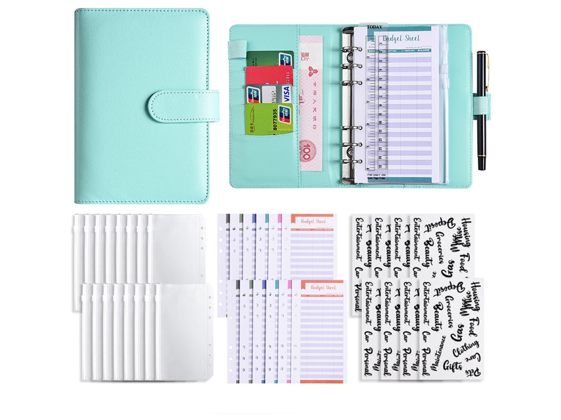 A6 Binder Creative Budget Planner Macaron Pu Leather Zipper Pouch, Standard Gift Set Green 12-budget Cards + 8-pouches
