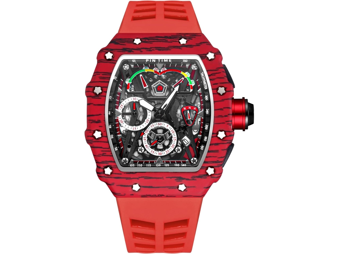 Lurelia Relógio Mecânico Masculino, Movimento De Quartzo, Analógico, Cronógrafo, Data/calendário, Luminoso, Mostrador Esqueleto, Silicone, Vermelho