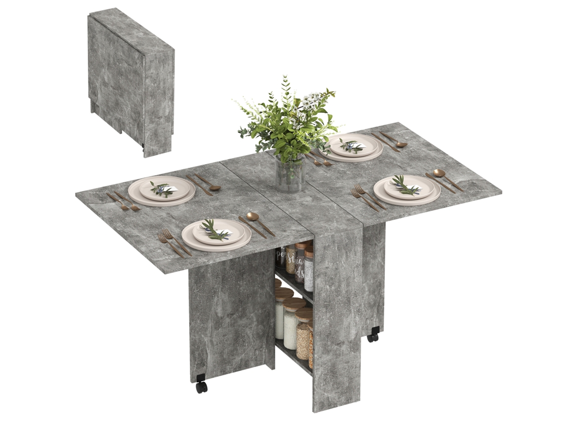 Mesa Dobrável Com Rodízios E 2 Prateleiras, Mesa Multifuncional Para Cozinha Ou Sala De Jantar, Madeira