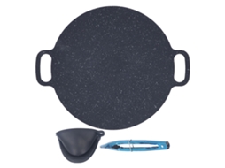 Prato Churrasco Redondo Antiaderente 30cm Com Pinça E Luvas