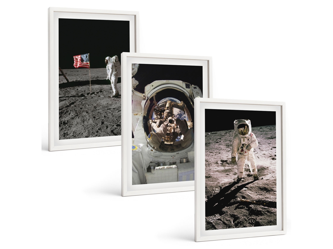 Pinturas Murais Modernas Pouso De Astronautas, Lua, Nasa Moldura Branca Quadros Para A Sala De Estar Espelharte (3 Piezas De 40x60 Cm)