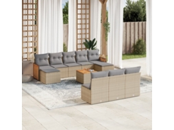 Conjunto de Sofá de Jardim 11 Peças C/ Almofadões Vime Pe Bege Dkd Home Decor