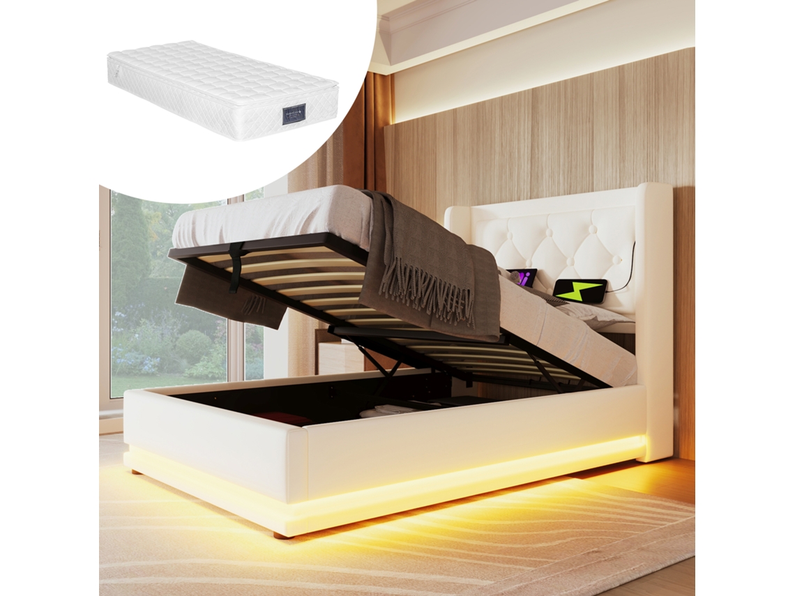 Cama Solteiro 90x200cm Branca Pu Armário Hidráulico Led Usb-c Colchão