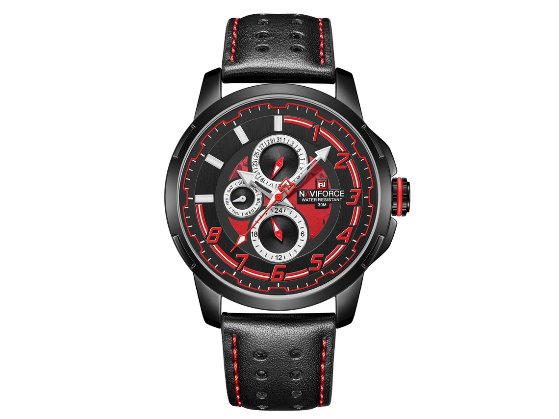 Relógio de quartzo masculino Naviforce com pulseira de PU, estilo casual e formal, preto e vermelho.