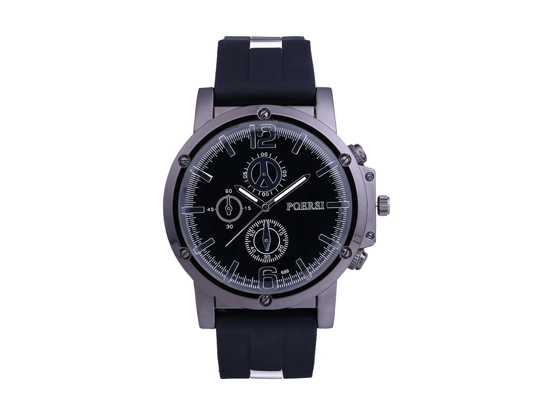 Relógio masculino casual com mostrador redondo, três mostradores, pulseira de silicone, movimento de quartzo, preto.