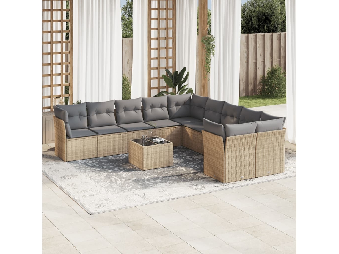 Vidaxl 11 Pcs Conjunto Sofás De Jardim C/ Almofadões Vime Pe Bege