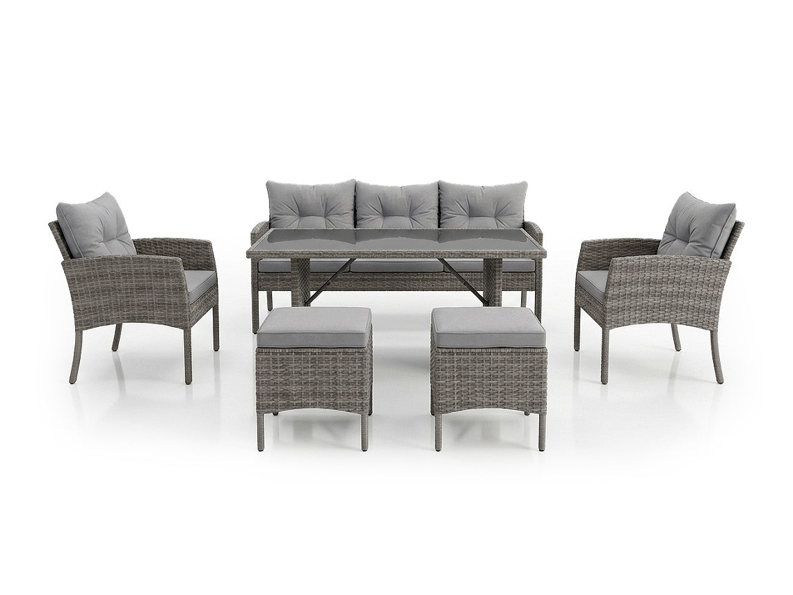 Conjunto Sebas Em Rattan Pe: Sofá, Mesa, 2 Poltronas E 2 Pufes. Móveis Para Jardim E Varanda, Em Rattan Cinza.