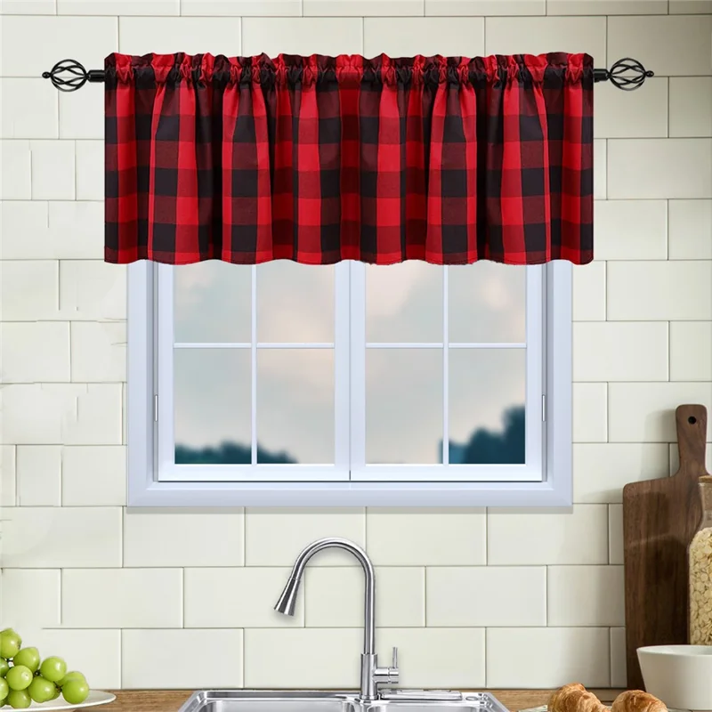Cortina Curta Halinuia Para Cozinha, Padrão Xadrez Poli‑algodão 52x36 Polegadas - Vermelho / Preto