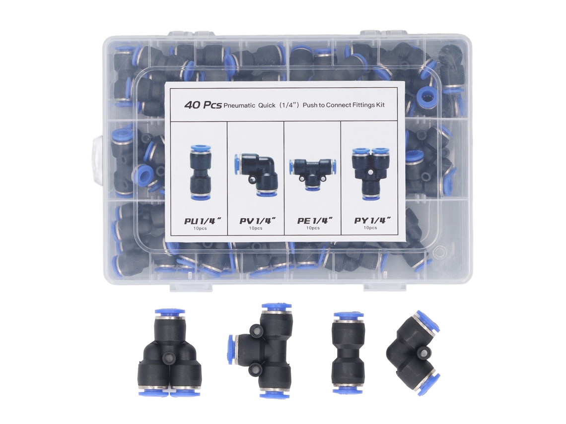 Kit De 40 Piezas De Conexiones Neumáticas De 1/4 Pulgada, Empuje Para Conectar: T, Codo Y Recto Para Tubos Pu Nylon Pe Suaves