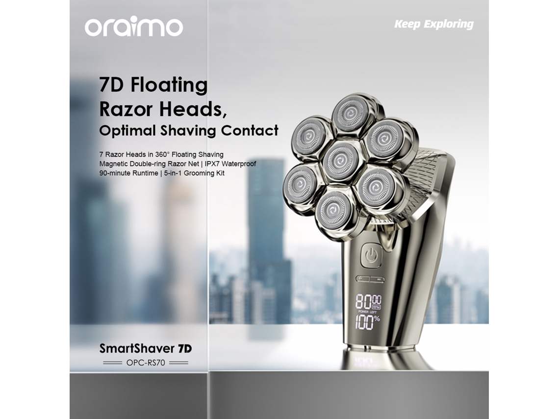 2026 oraimo Smartshaver 7d 360° 7 Cabezales de Afeitado Kit 5 En 1 Afeitadora Ipx7 Impermeable