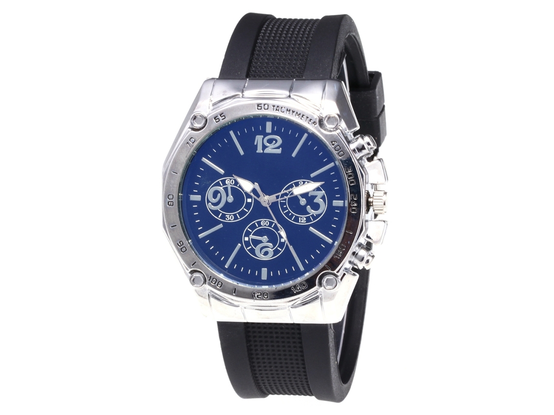Relógio de quartzo casual masculino e feminino com pulseira de silicone, mostrador prateado e azul.