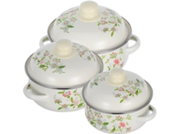 Conjunto de Mini Panelas de Sopa Esmaltadas 3 Peças com Tampas, Trio Panela Bottomo Plano (16-18-20 Cm), Retrô Vintage para Fogão EA Gás