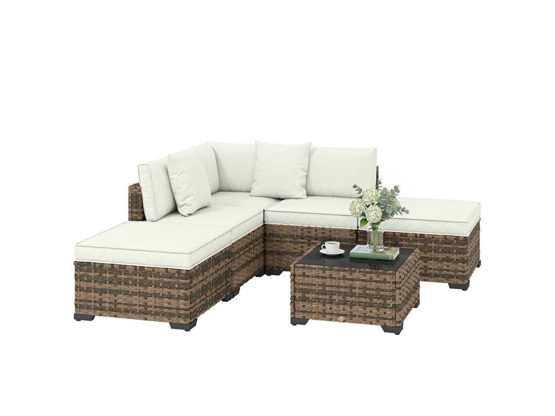 Sofá de jardim 5 lugares S/MARCA, resina trançada, creme, 180x70x70cm, com pufe, mesa centro e almofadas
