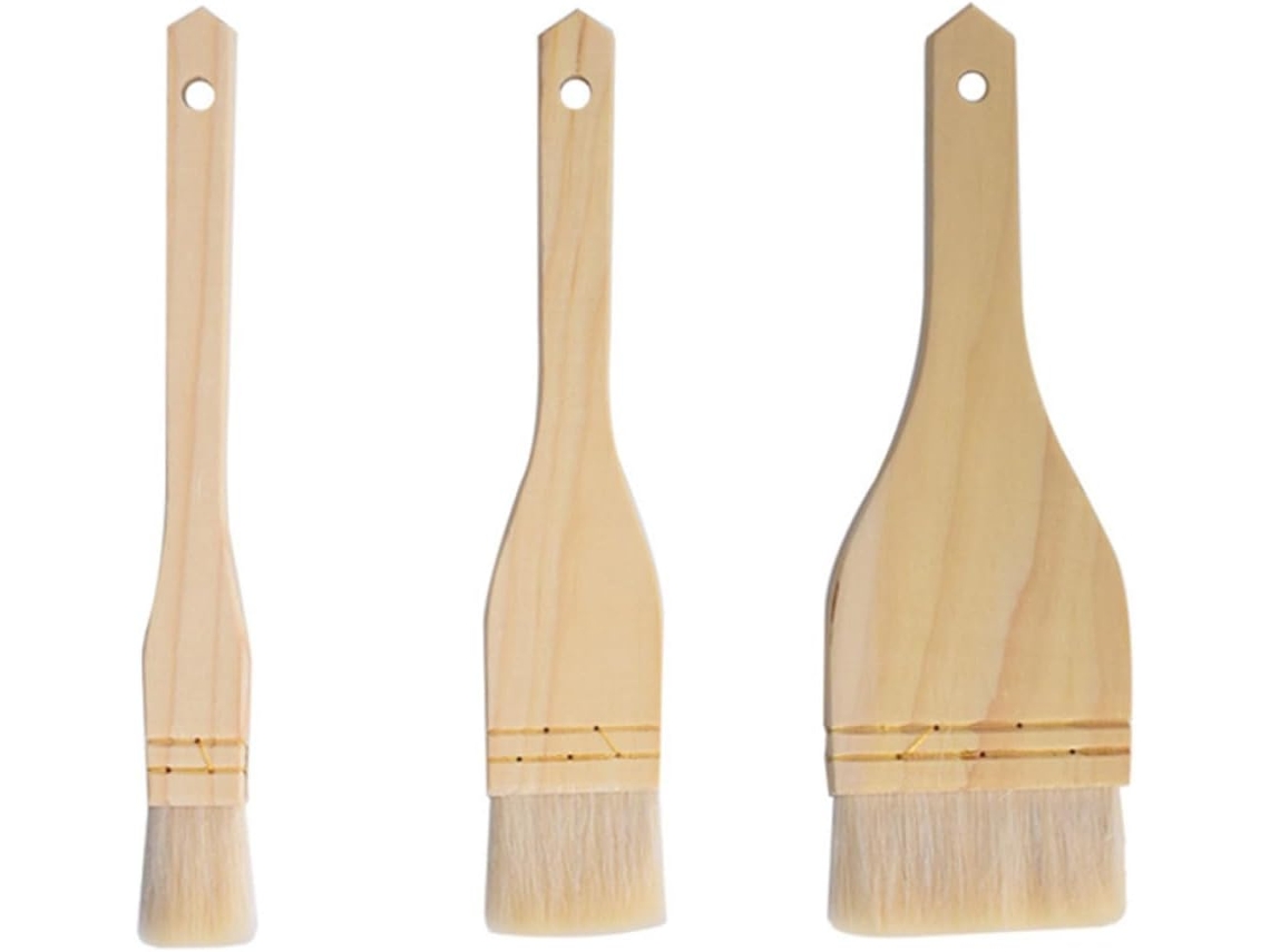 Kit de 3 Pincéis de Confeitaria em Lã e Madeira. Pincéis de Cozinha Leves e Profissionais para Cozinhar e Assar. CHABERLU