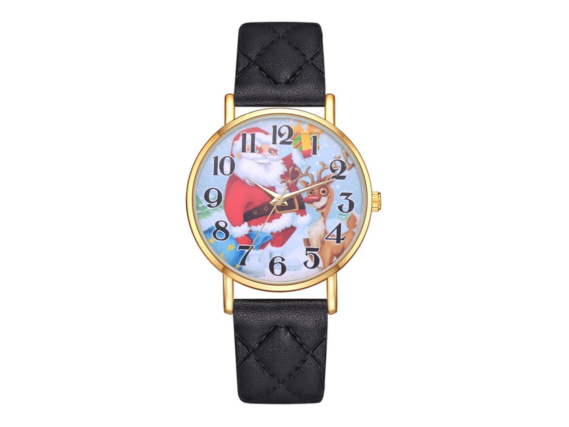 Relógio de quartzo casual unissex com pulseira de PU e estampa de cervo fofa, presente de Natal, preto.