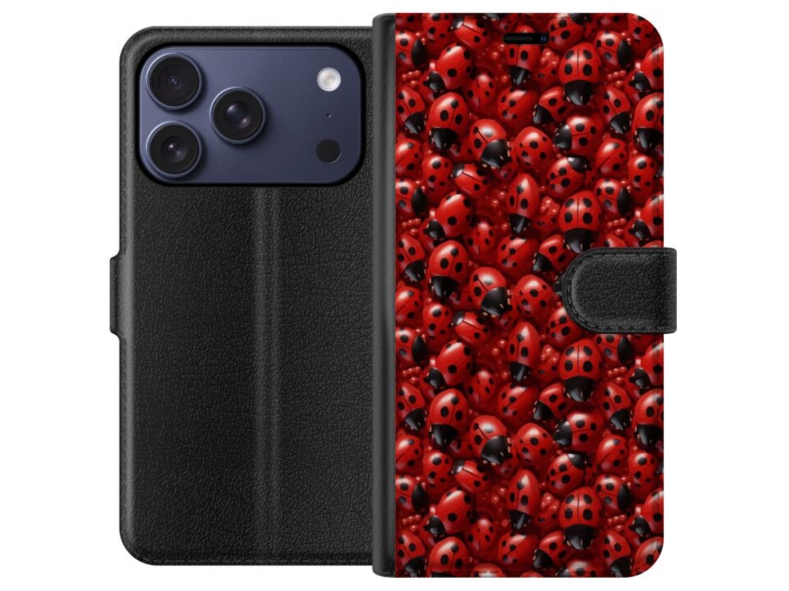 Capa Carteira Compatível Com Apple Iphone 17 Pro. Estampa Densa De Joaninhas Vermelhas Com Pintas Pretas, Um Motivo Colorido E Decorativo Da Natureza.