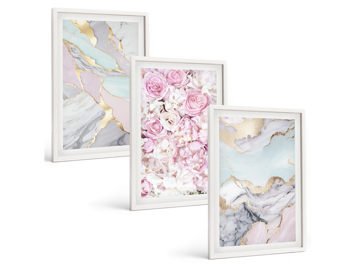 Galeria De Pinturas Murais Flores Rosa, Mármore, Tons Pastel Moldura Branca Quadros Para A Sala De Estar Espelharte (3 Piezas De 40x60 Cm)