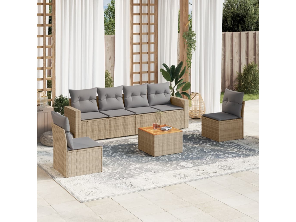 Vidaxl 7 Pcs Conj. Sofás Jardim C/ Almofadões Vime Pe Bege Misturado
