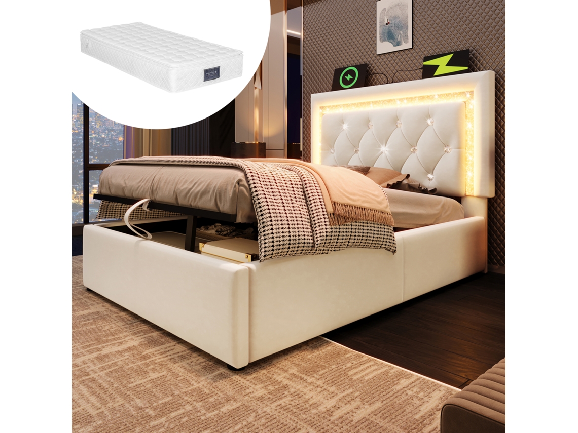 Cama Estofada 90x200 Cm Veludo Bege Led Usb Arrumação Hidráulica Estrado Ripas VSOGA