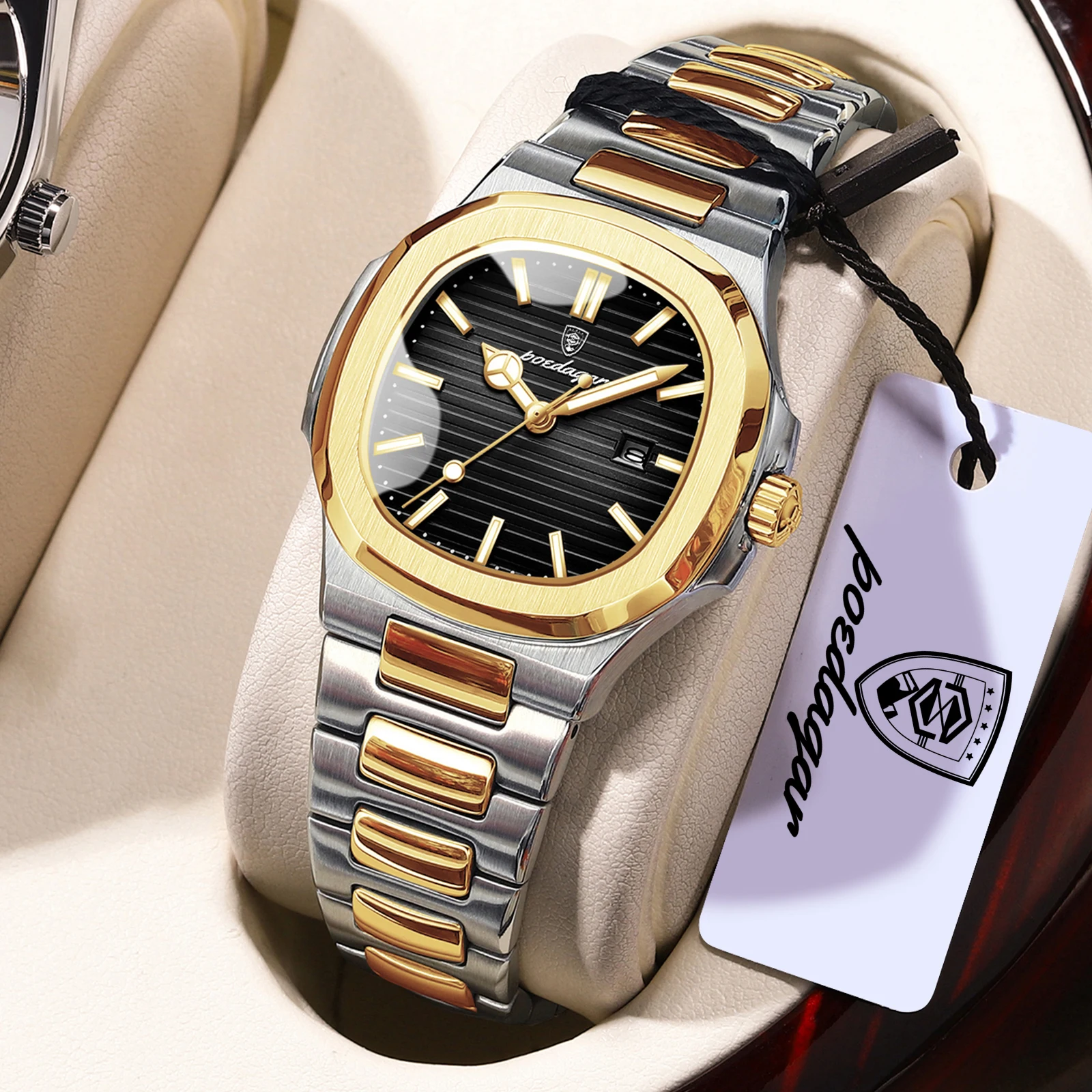 (dourado E Preto) Relógios De Pulso Femininos Requintados Para Casal, Com Movimento De Quartzo, Exibição De Data, Resistentes À Água E Luminosos.