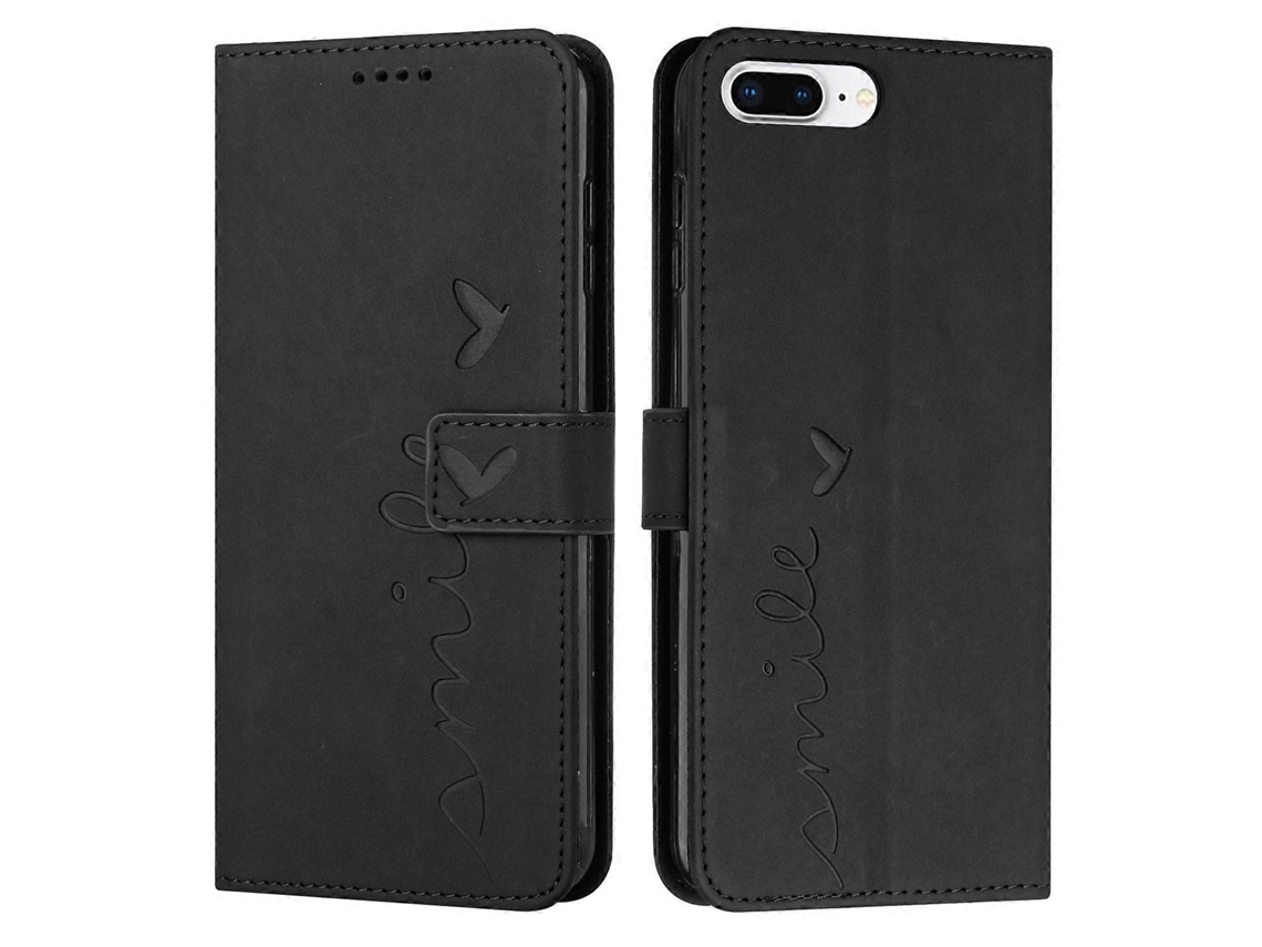 Capa De Couro Com Estampa De Coração E Toque De Pele Para Iphone 8 Plus / 7 Plus / 6 Plus, Preta