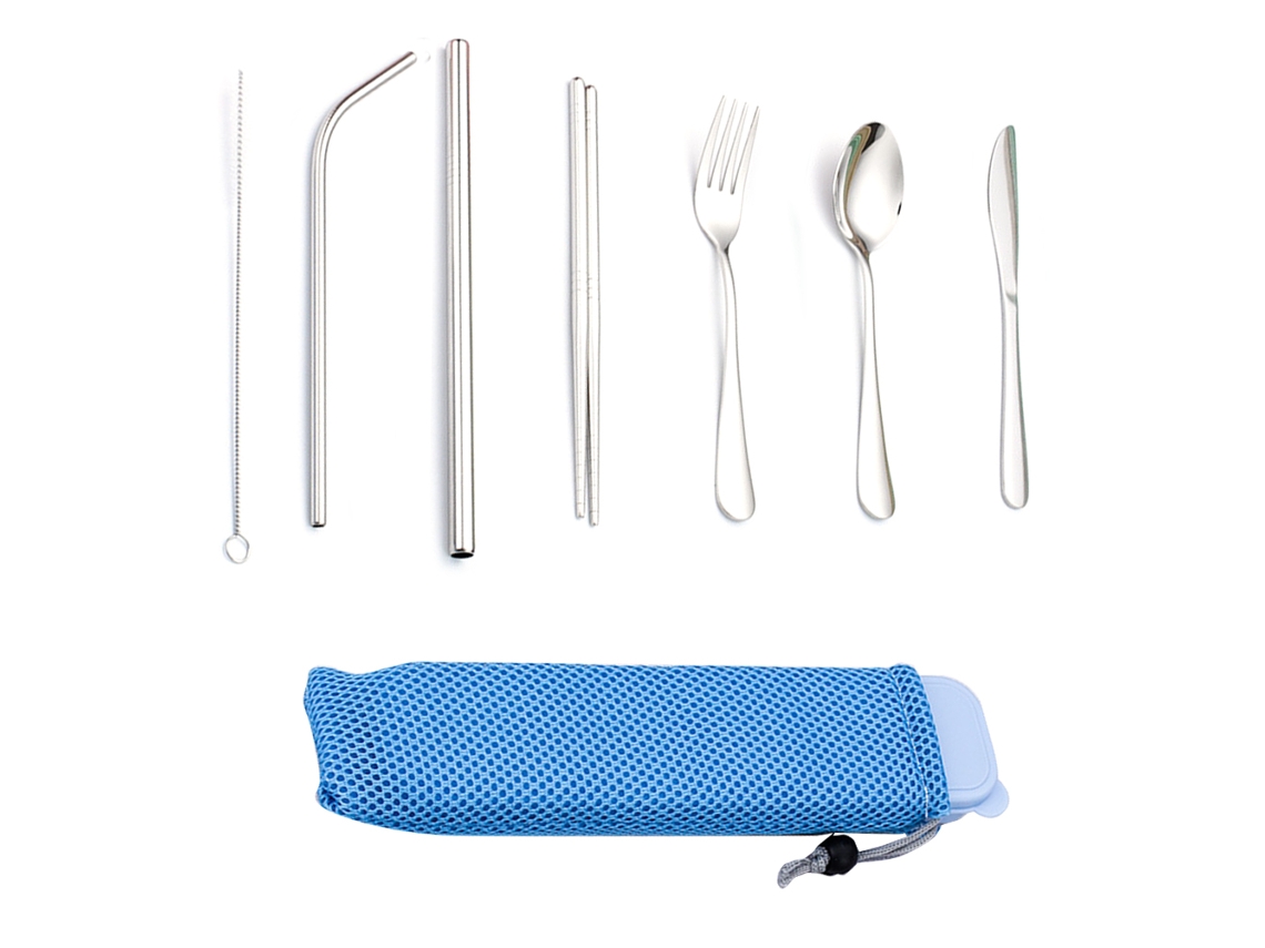 Mali conjunto de Talheres Portátil 7 Peças Inox 304 Reutilizável para Viagem com Estojo e Escova de Limpeza