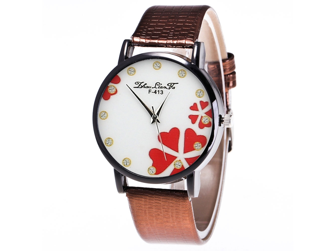 Relógio feminino de quartzo com pulseira de couro PU, mostrador redondo e padrão de strass (marrom)