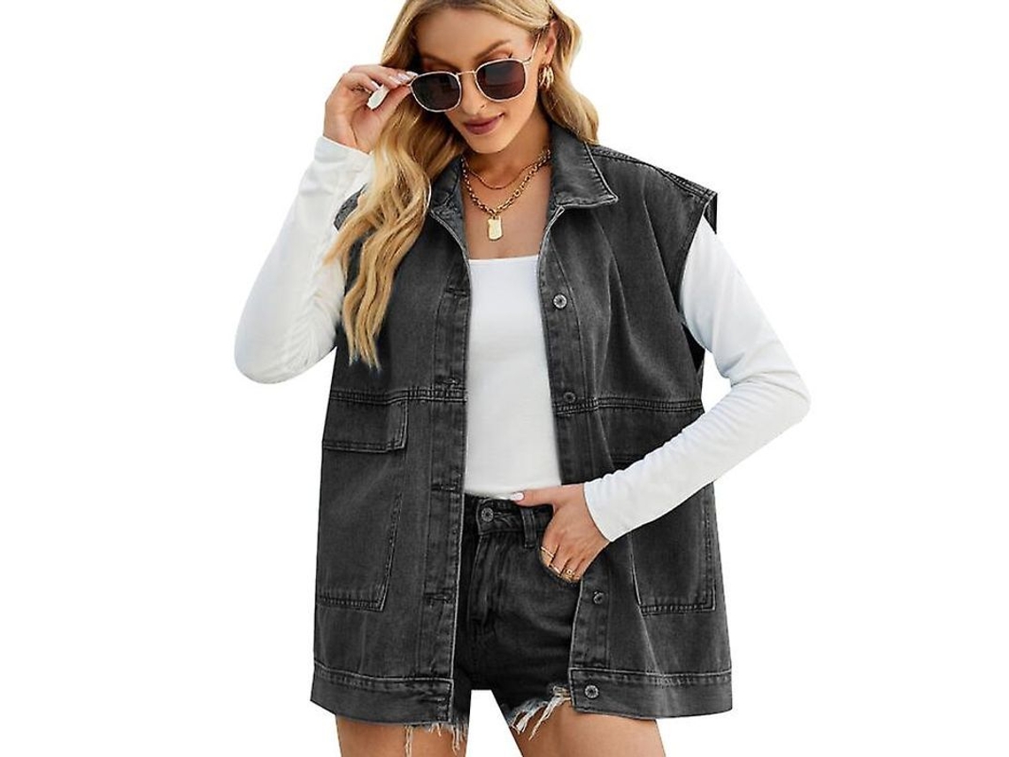 Colete Jeans Oversized Feminina De Manga Curta Com Bolso Lateral E Gola Lapela, Casual E Estilosa Para Vários Ocasiões Preto