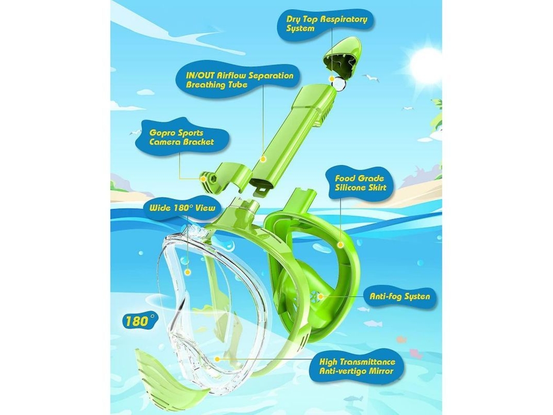 Máscara Snorkel Niños Cara Completa Antideslizante com Câmara 180° Visão Panorâmica S/MARCA