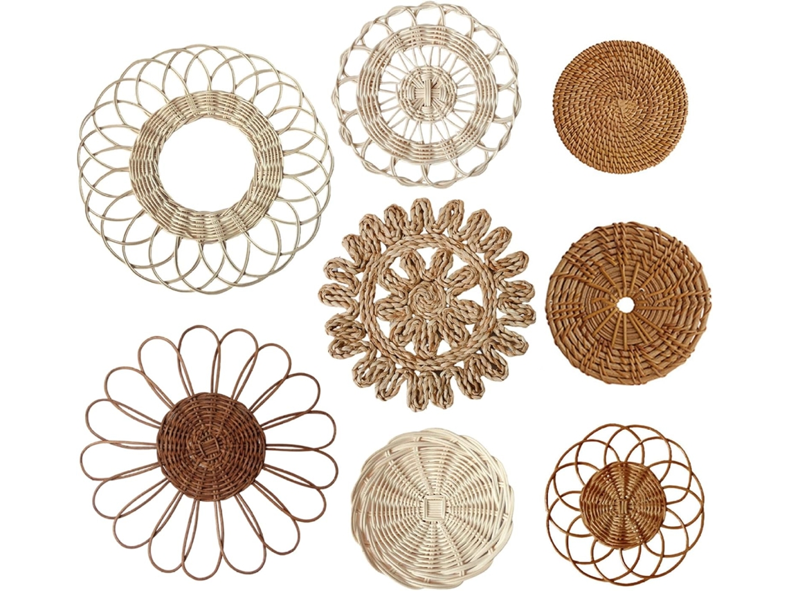 Conjunto De 8 Peças De Arte De Parede De Vime Trançado, Decoração De Parede De Rattan Com Formato De Flor Boho