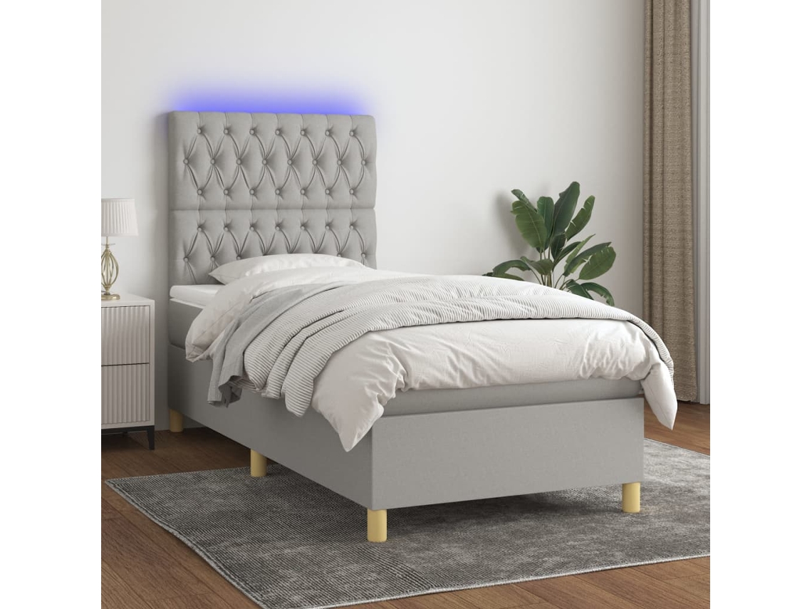 Vidaxl Cama Box Spring C/ Colchão E Led 100x200 Cm Tecido Cinza-claro