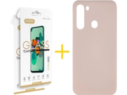 Capa e Película de Vidro 2 x Samsung Galaxy A21 ACCETEL Silicone Líquido Rosa Creme